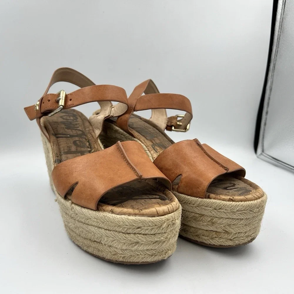 Sam Edelman Maura Espadrille Wedge Sandals Tan Brown Leather Size 9.5 M